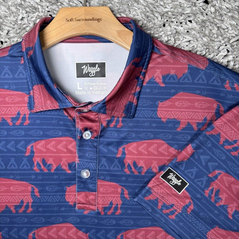 Waggle Polo Shirt Mens Large Bison Animal Print Aztec Short Sleeve Golf Stretch